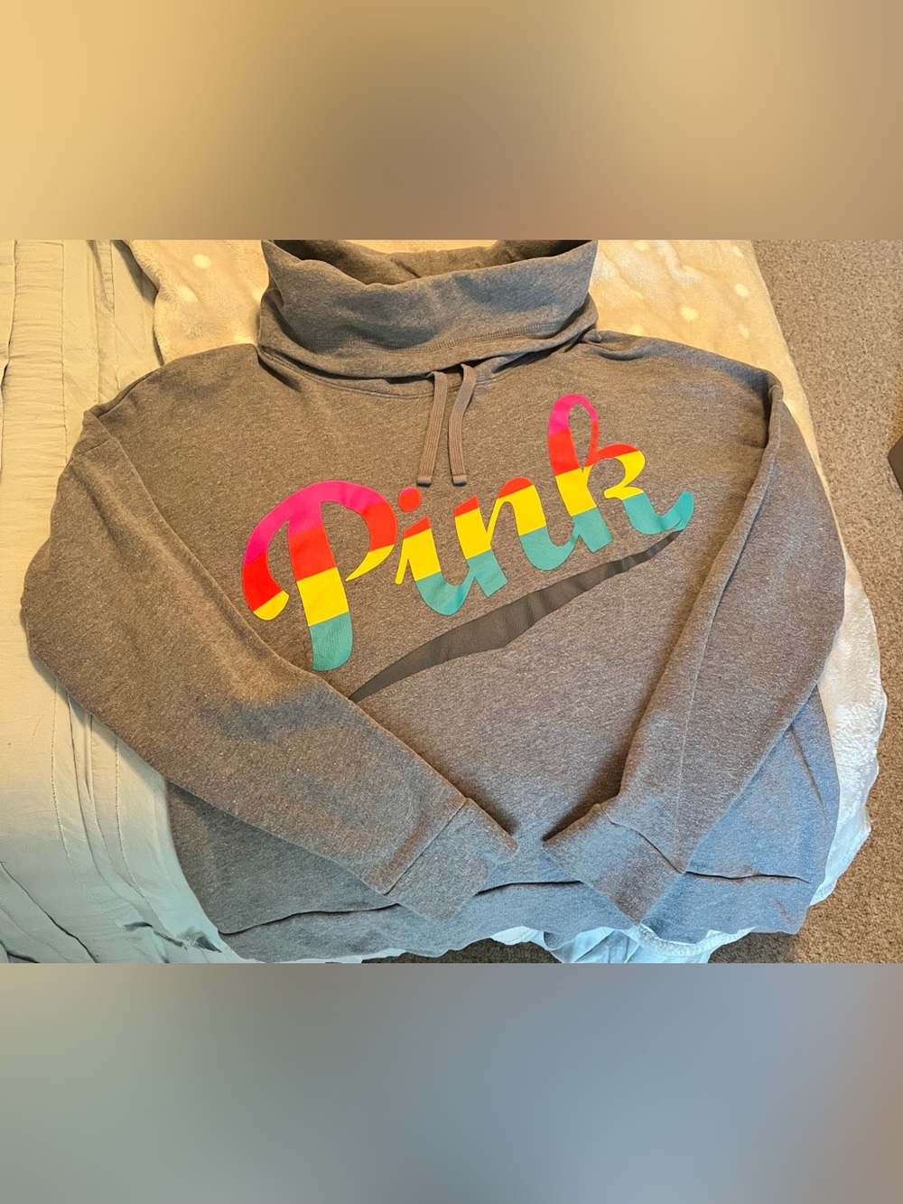 PINK Victoria's Secret Gray Cowl Neck Pullover with Rainbow Script